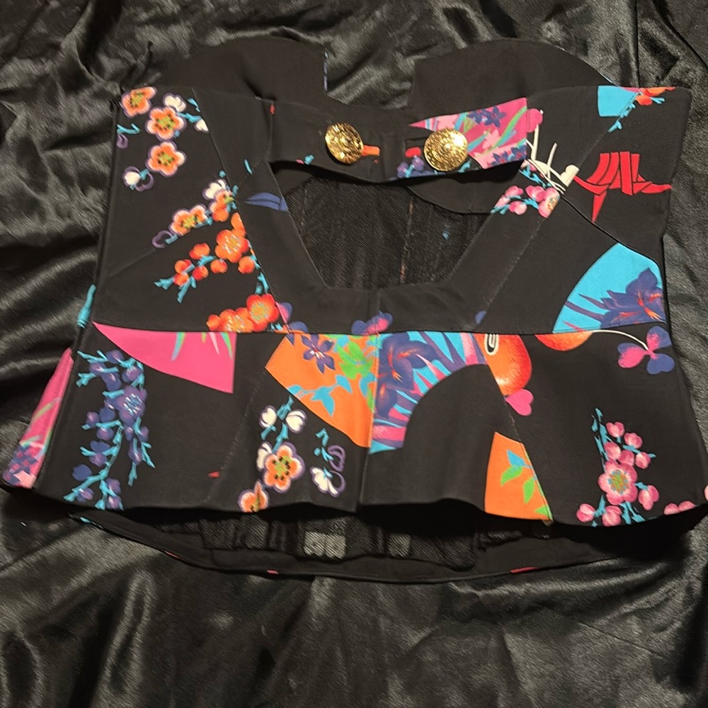 Versace for H&M Black Floral Patchwork Crop Top with Gold Buttons